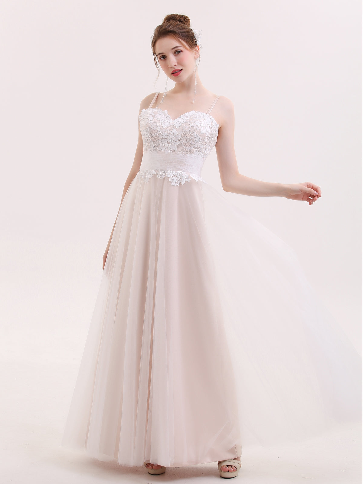 Robe de Tul Champagne con Escote Corazón y Tirantes Espagueti