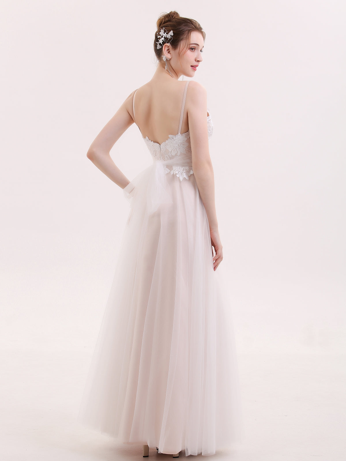 Robe de Tul Champagne con Escote Corazón y Tirantes Espagueti