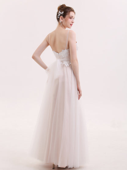 Robe de Tul Champagne con Escote Corazón y Tirantes Espagueti