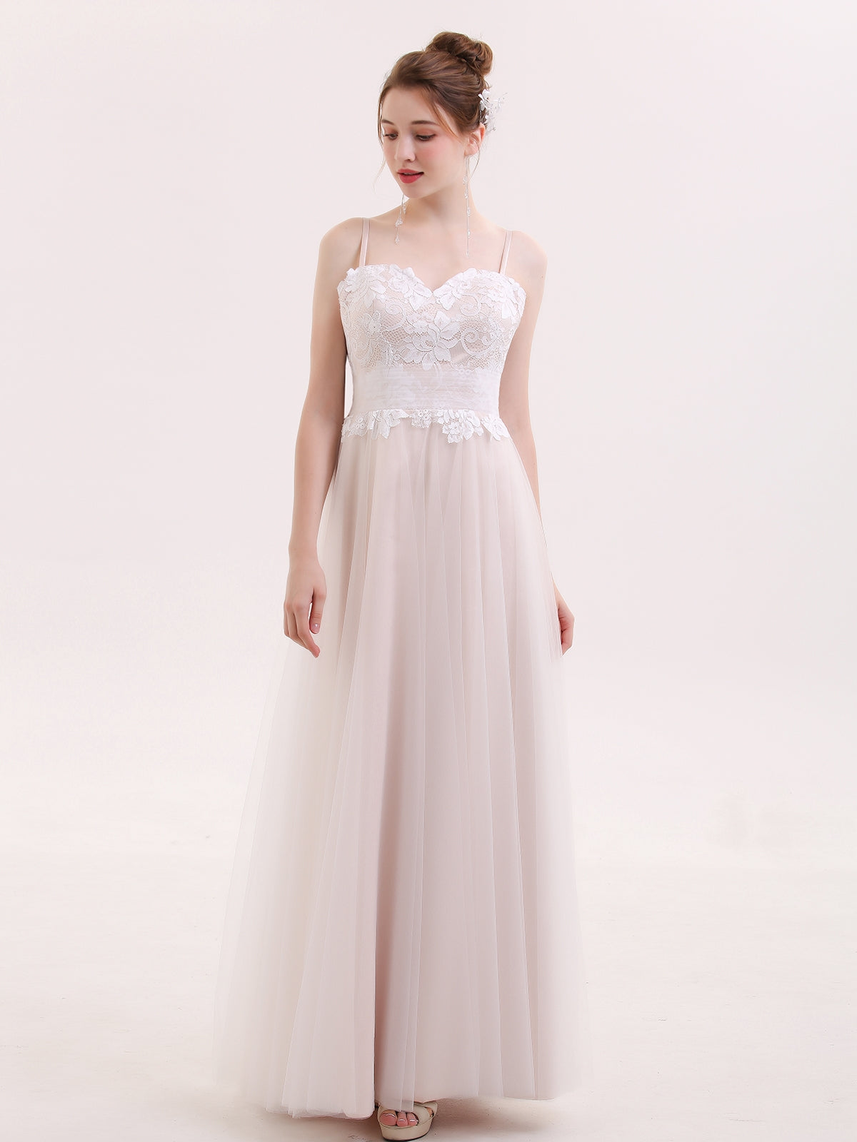 Robe de Tul Champagne con Escote Corazón y Tirantes Espagueti