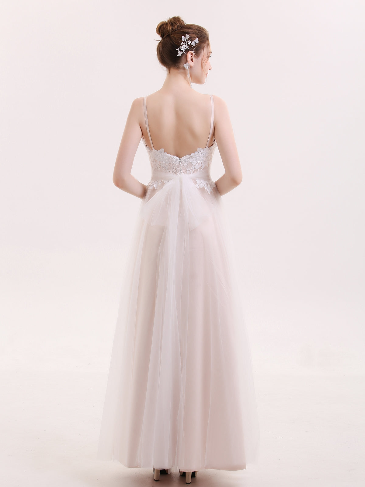 Robe de Tul Champagne con Escote Corazón y Tirantes Espagueti