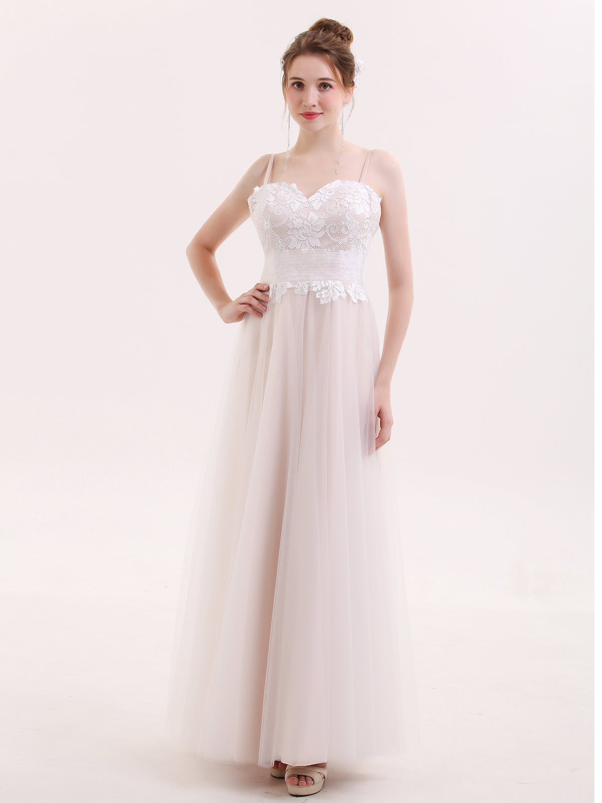 Robe de Tul Champagne con Escote Corazón y Tirantes Espagueti