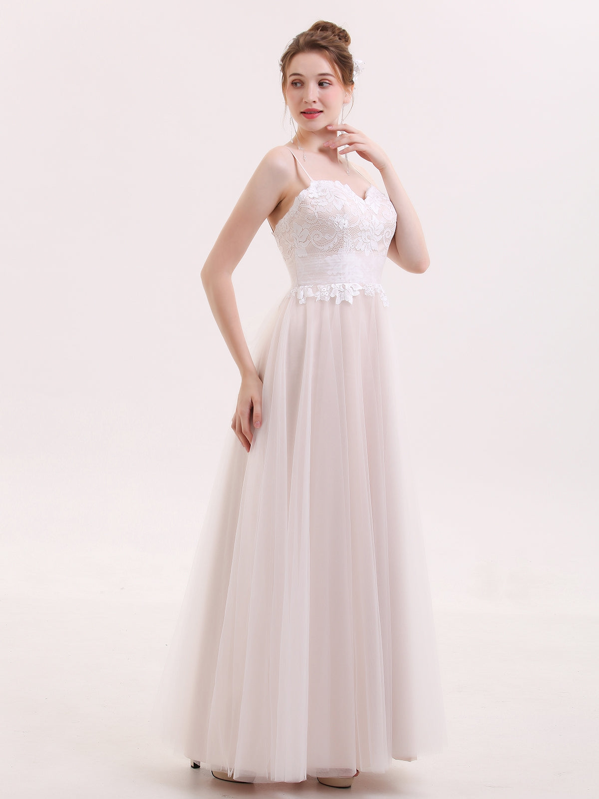 Robe de Tul Champagne con Escote Corazón y Tirantes Espagueti