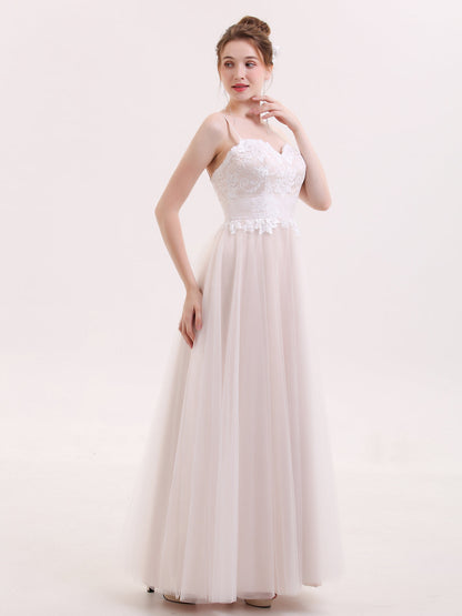 Robe de Tul Champagne con Escote Corazón y Tirantes Espagueti