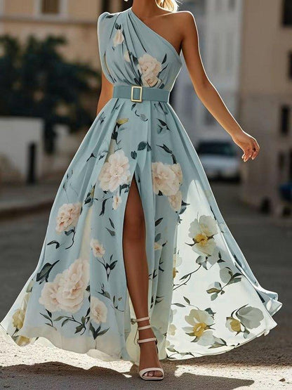 Julie | Vestido maxi de gasa verde con estampado floral