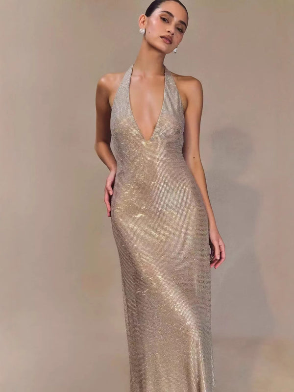 Vestido de Fiesta con Lentejuelas y Escote en V