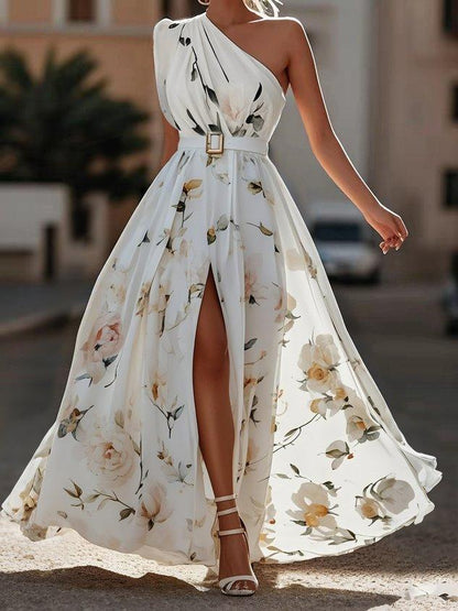Julie | Vestido maxi de gasa verde con estampado floral