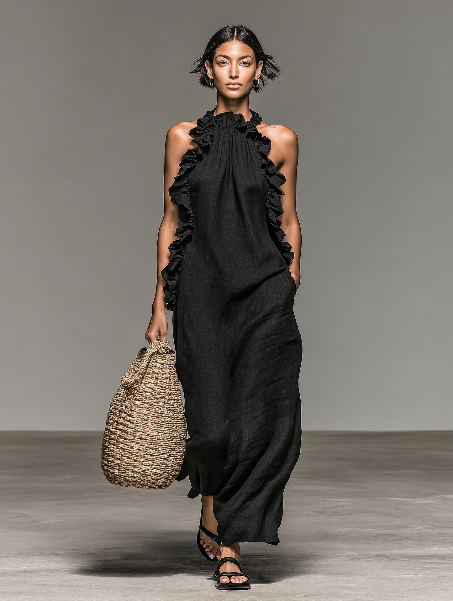 Maxi Dress Sin Mangas Minimalista con Detalles de Volantes para Mujer MDZ1622A0Y