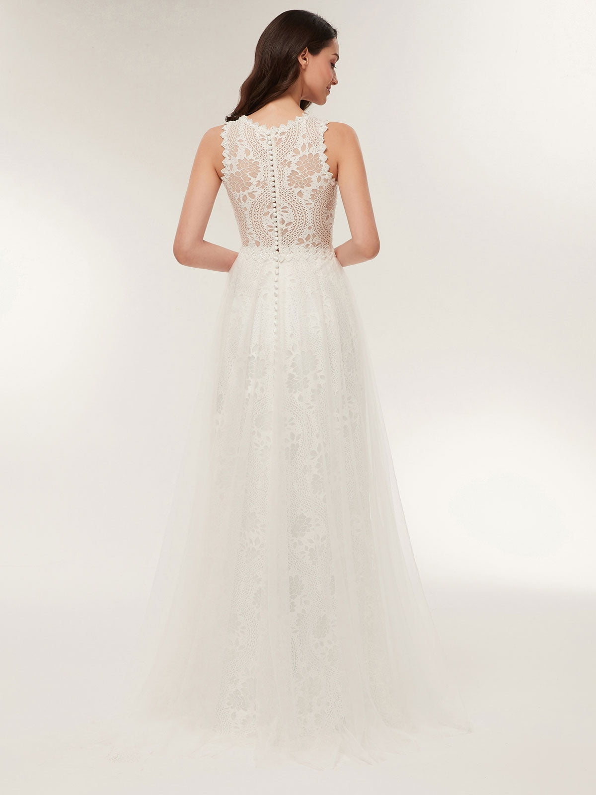 Vestido de Novia de Encaje con Corsé Transparente en Color Marfil