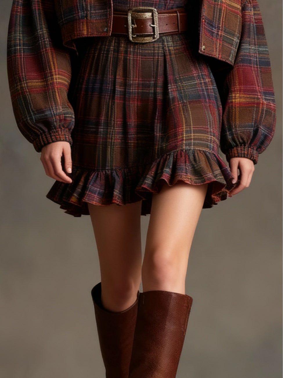 Vestido Mini Vintage a Cuadros y Rayas con Chaqueta Oversize (incluye cinturón)