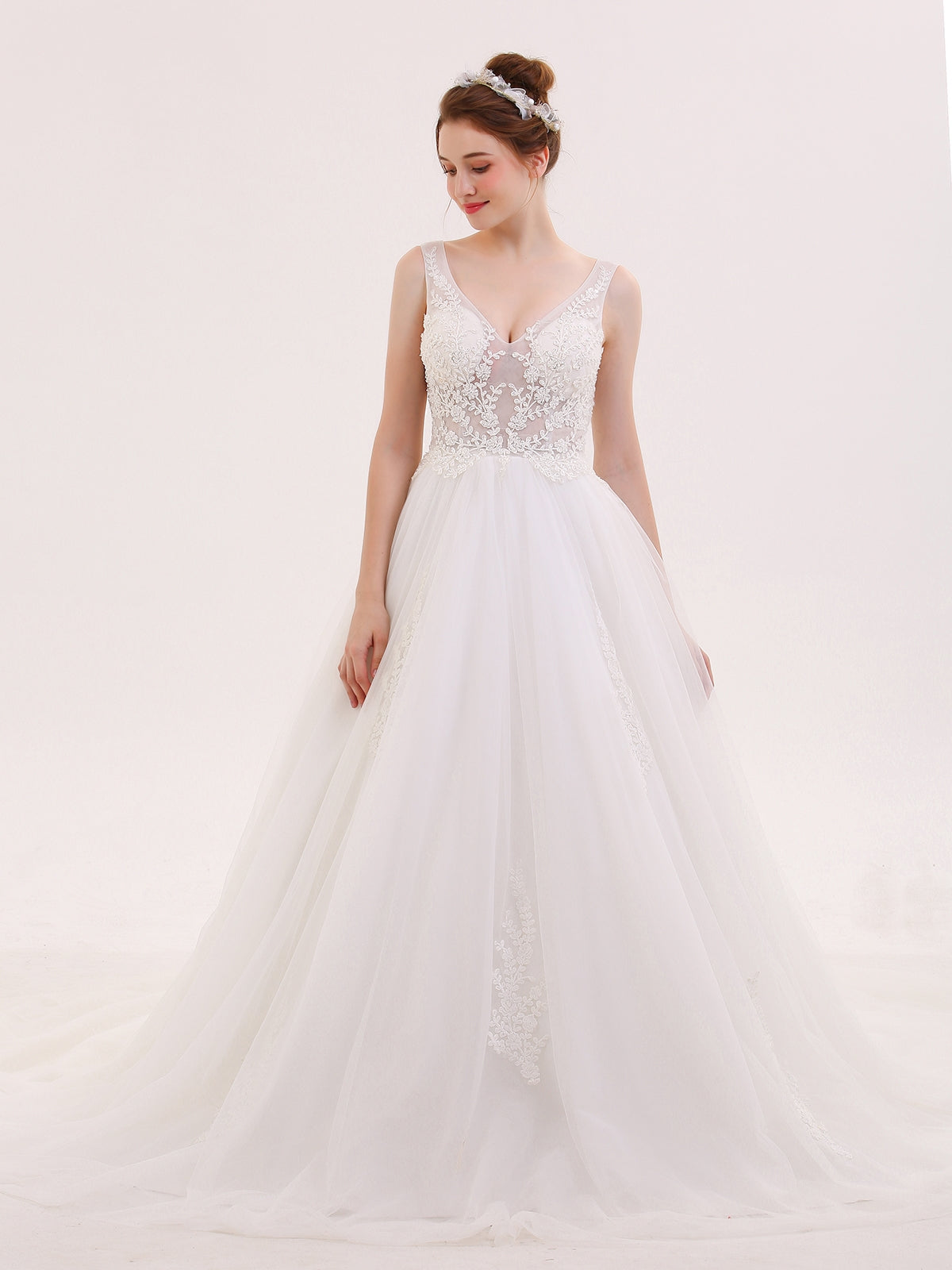 Vestido de Novia Marfil con Escote en V Transparente y Perlado