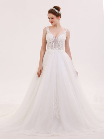 Vestido de Novia Marfil con Escote en V Transparente y Perlado