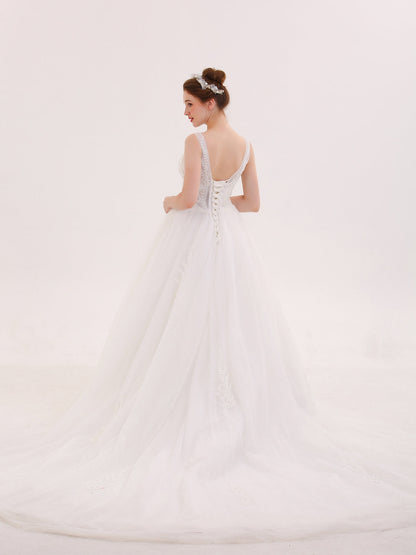 Vestido de Novia Marfil con Escote en V Transparente y Perlado