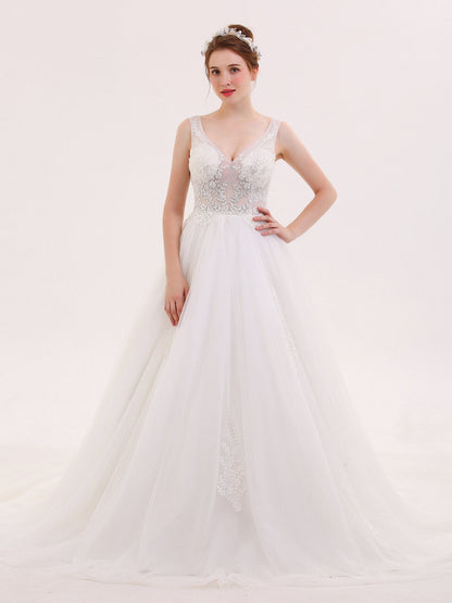 Vestido de Novia Marfil con Escote en V Transparente y Perlado