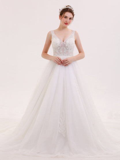 Vestido de Novia Marfil con Escote en V Transparente y Perlado