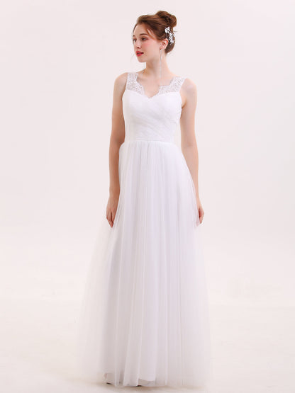 Vestido Largo de Tul con Tirantes de Encaje Blanco