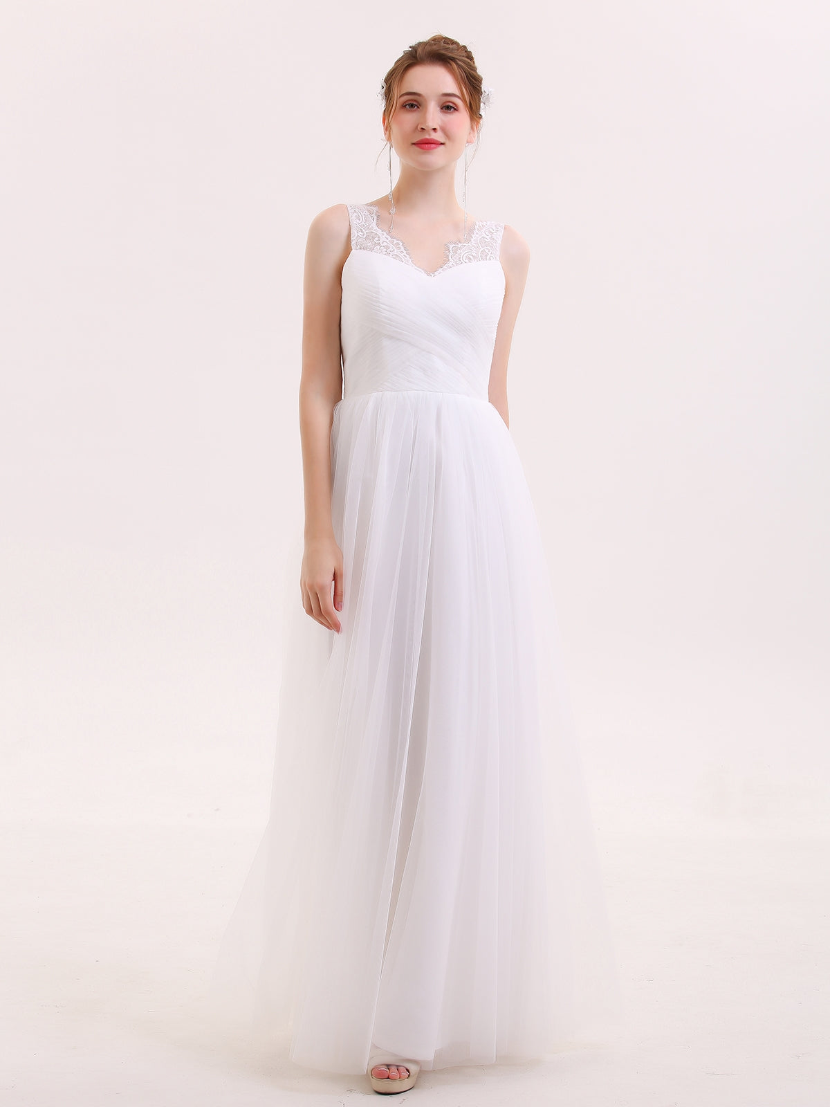Vestido Largo de Tul con Tirantes de Encaje Blanco