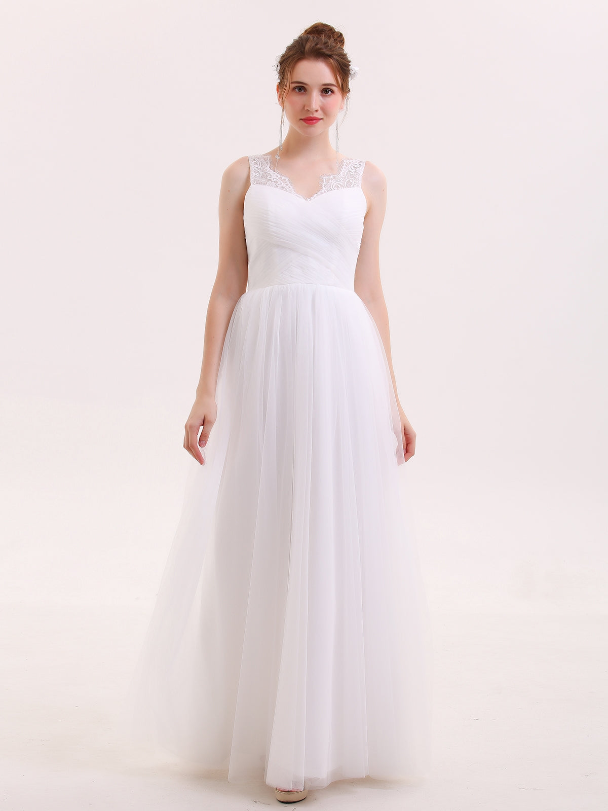 Vestido Largo de Tul con Tirantes de Encaje Blanco