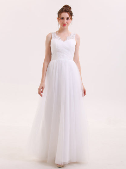Vestido Largo de Tul con Tirantes de Encaje Blanco