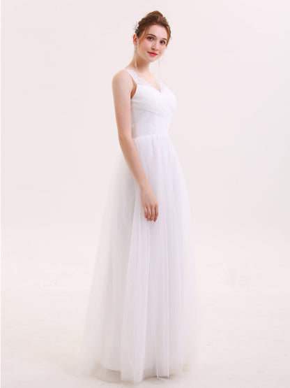 Vestido Largo de Tul con Tirantes de Encaje Blanco