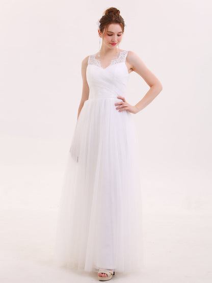 Vestido Largo de Tul con Tirantes de Encaje Blanco