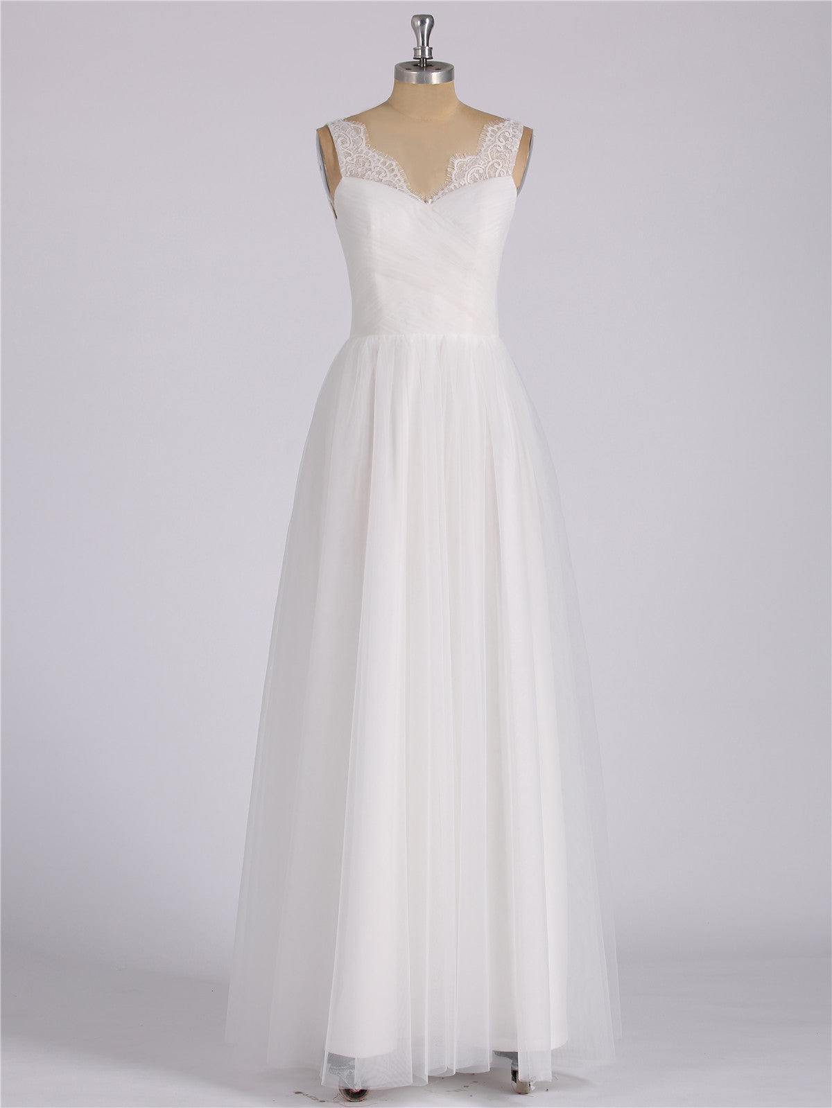 Vestido Largo de Tul con Tirantes de Encaje Blanco