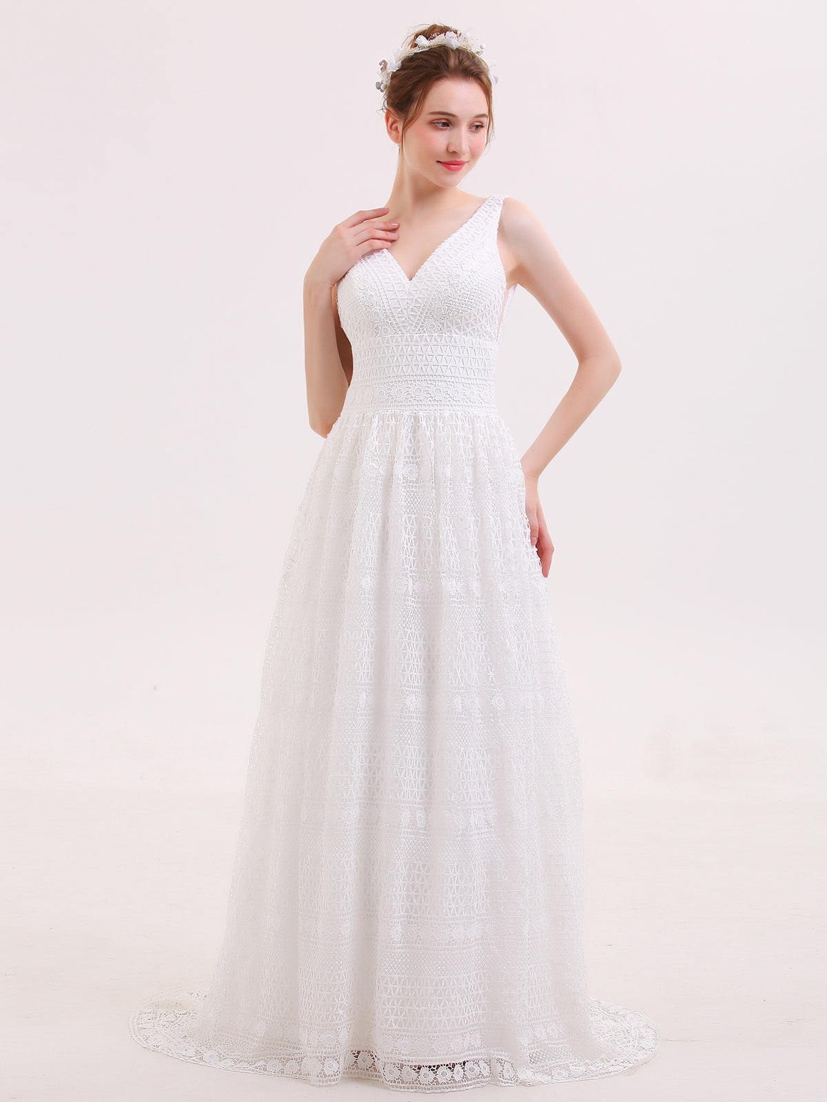 Bohème Vestido de Novia Vintage con Escote en V y Encaje Champagne