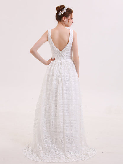 Bohème Vestido de Novia Vintage con Escote en V y Encaje Champagne