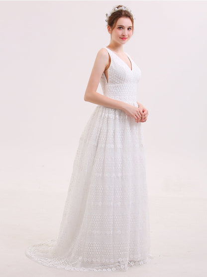 Bohème Vestido de Novia Vintage con Escote en V y Encaje Champagne