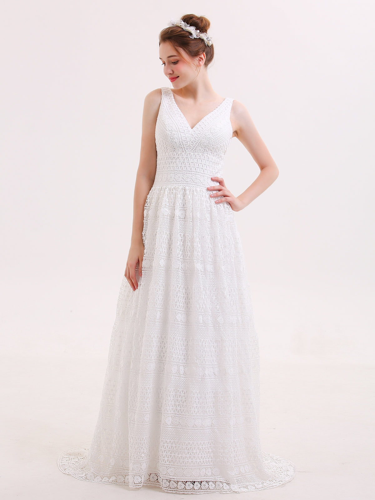 Bohème Vestido de Novia Vintage con Escote en V y Encaje Champagne