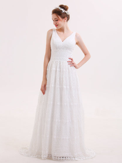 Bohème Vestido de Novia Vintage con Escote en V y Encaje Champagne