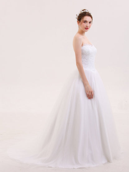 Vestido de Novia Blanco sin Tirantes con Apliques de Tul