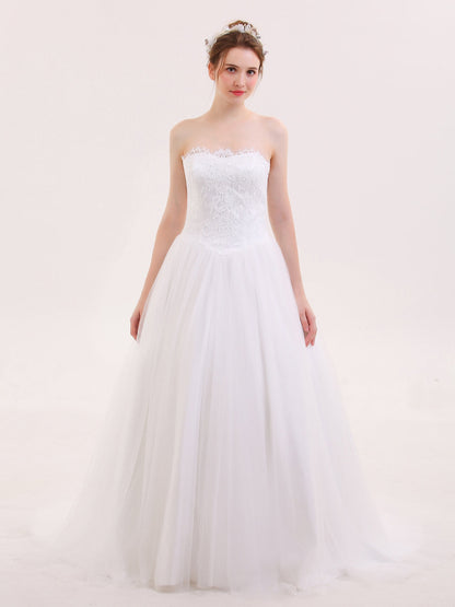 Vestido de Novia Blanco sin Tirantes con Apliques de Tul