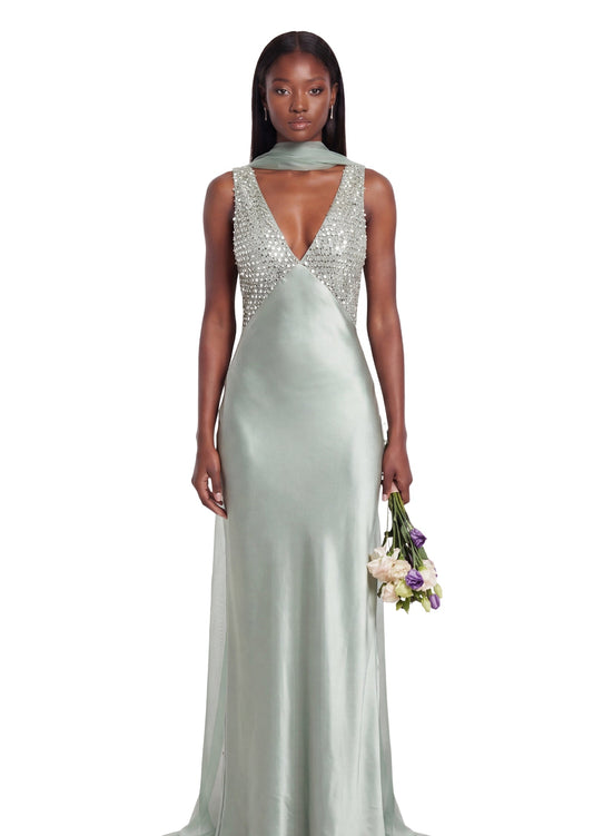 Maxi Vestido de Satén con Lentejuelas Vajra