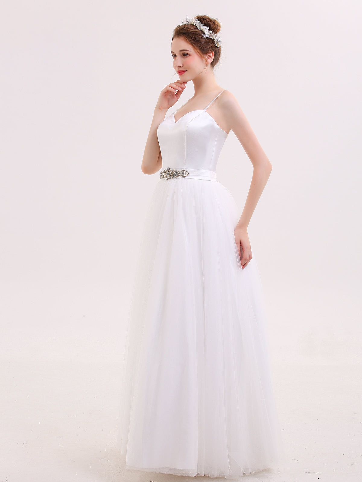 Vestido de Novia con Tirantes Finos y Cinturón Blanco