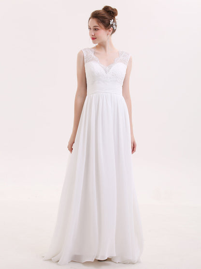 Robe de Mariée de Plage en Mousseline à Col en V avec Nœud Blanc