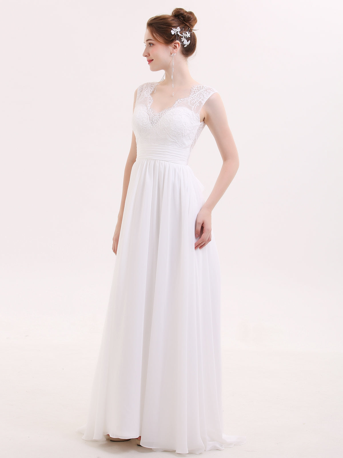 Robe de Mariée de Plage en Mousseline à Col en V avec Nœud Blanc
