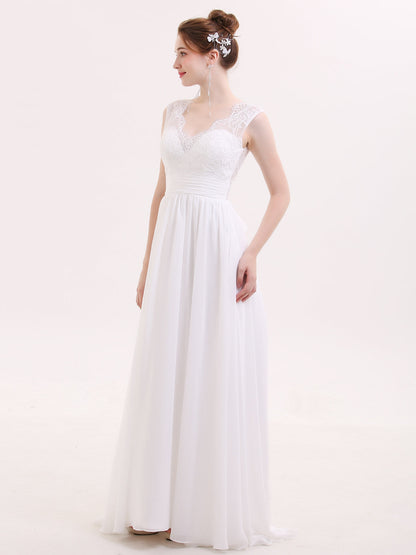 Robe de Mariée de Plage en Mousseline à Col en V avec Nœud Blanc