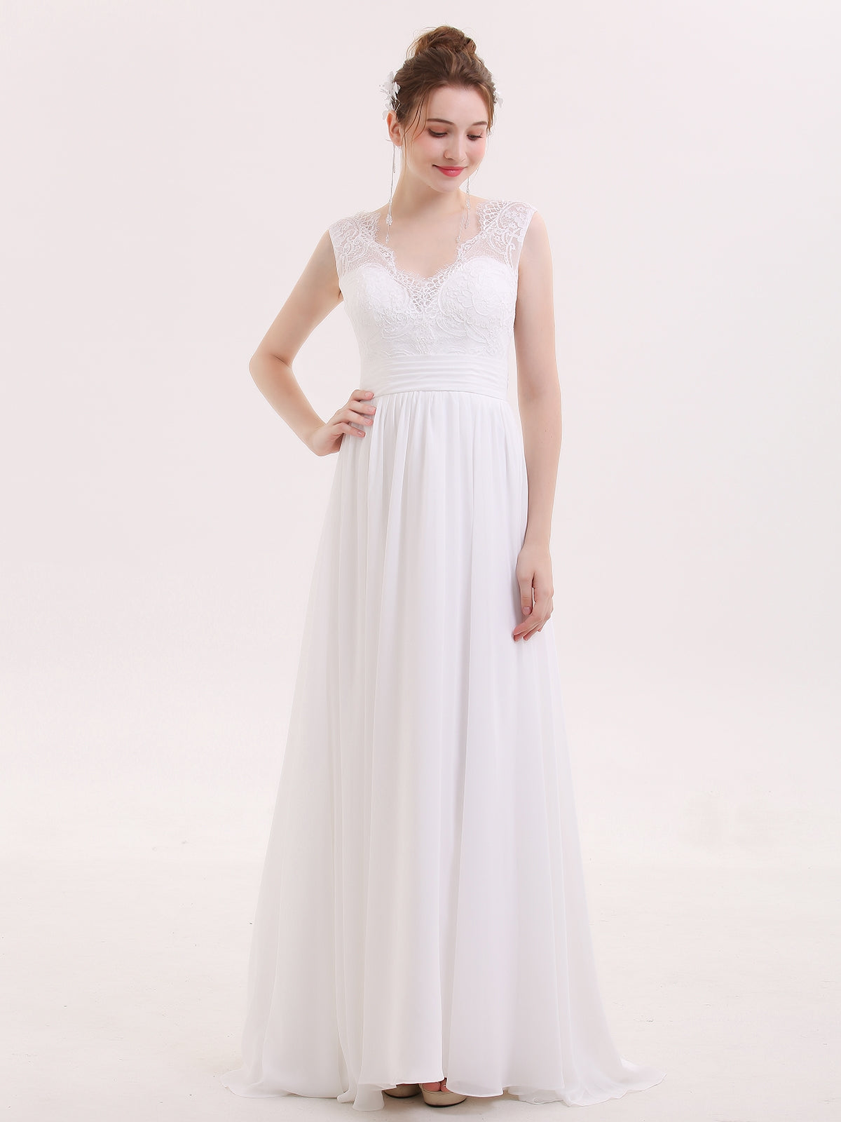 Robe de Mariée de Plage en Mousseline à Col en V avec Nœud Blanc