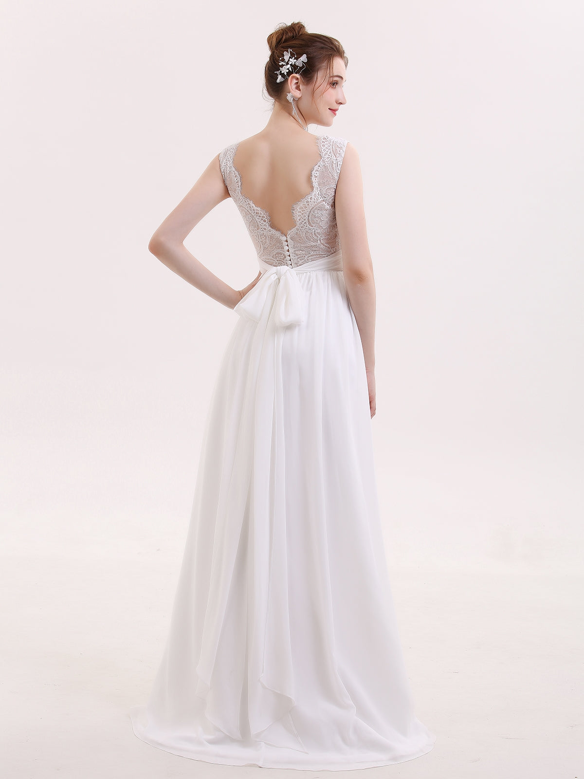 Robe de Mariée de Plage en Mousseline à Col en V avec Nœud Blanc