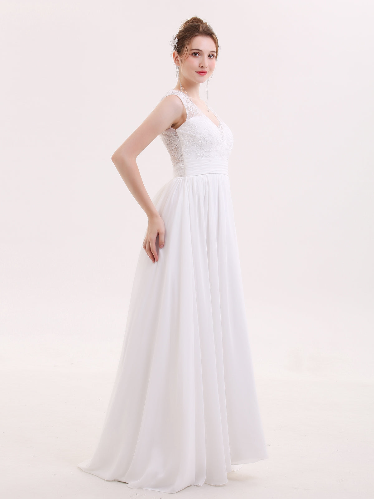Robe de Mariée de Plage en Mousseline à Col en V avec Nœud Blanc