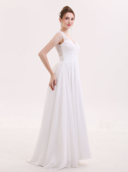 Robe de Mariée de Plage en Mousseline à Col en V avec Nœud Blanc