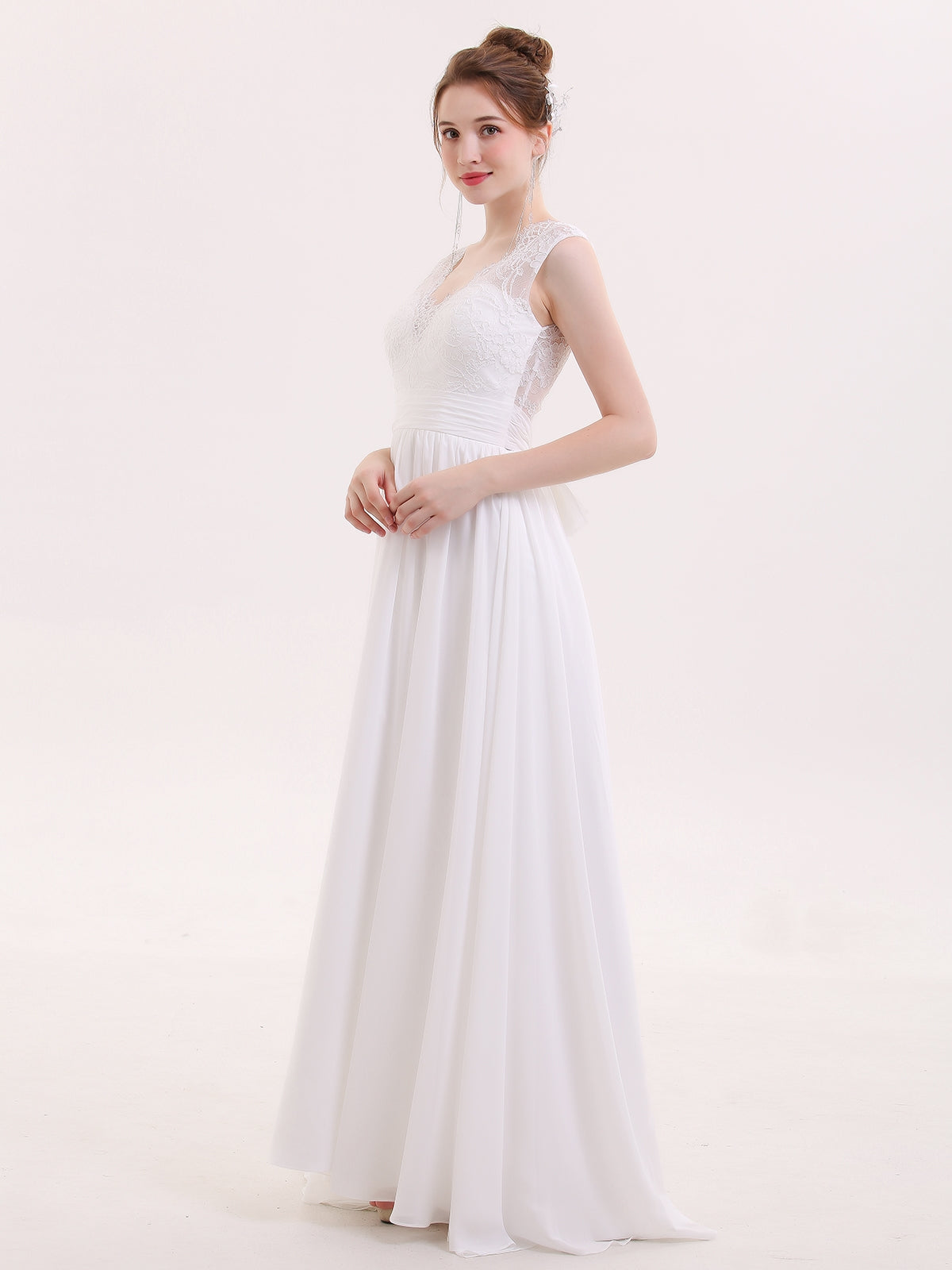 Robe de Mariée de Plage en Mousseline à Col en V avec Nœud Blanc