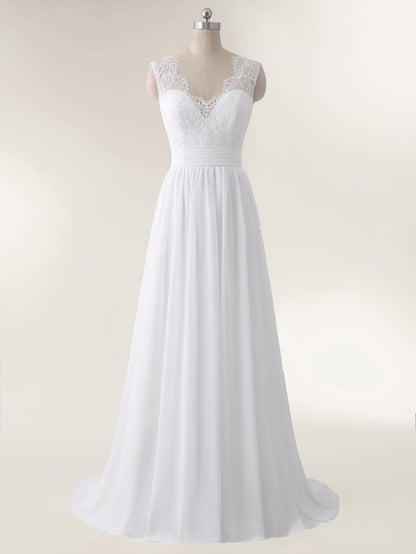 Robe de Mariée de Plage en Mousseline à Col en V avec Nœud Blanc