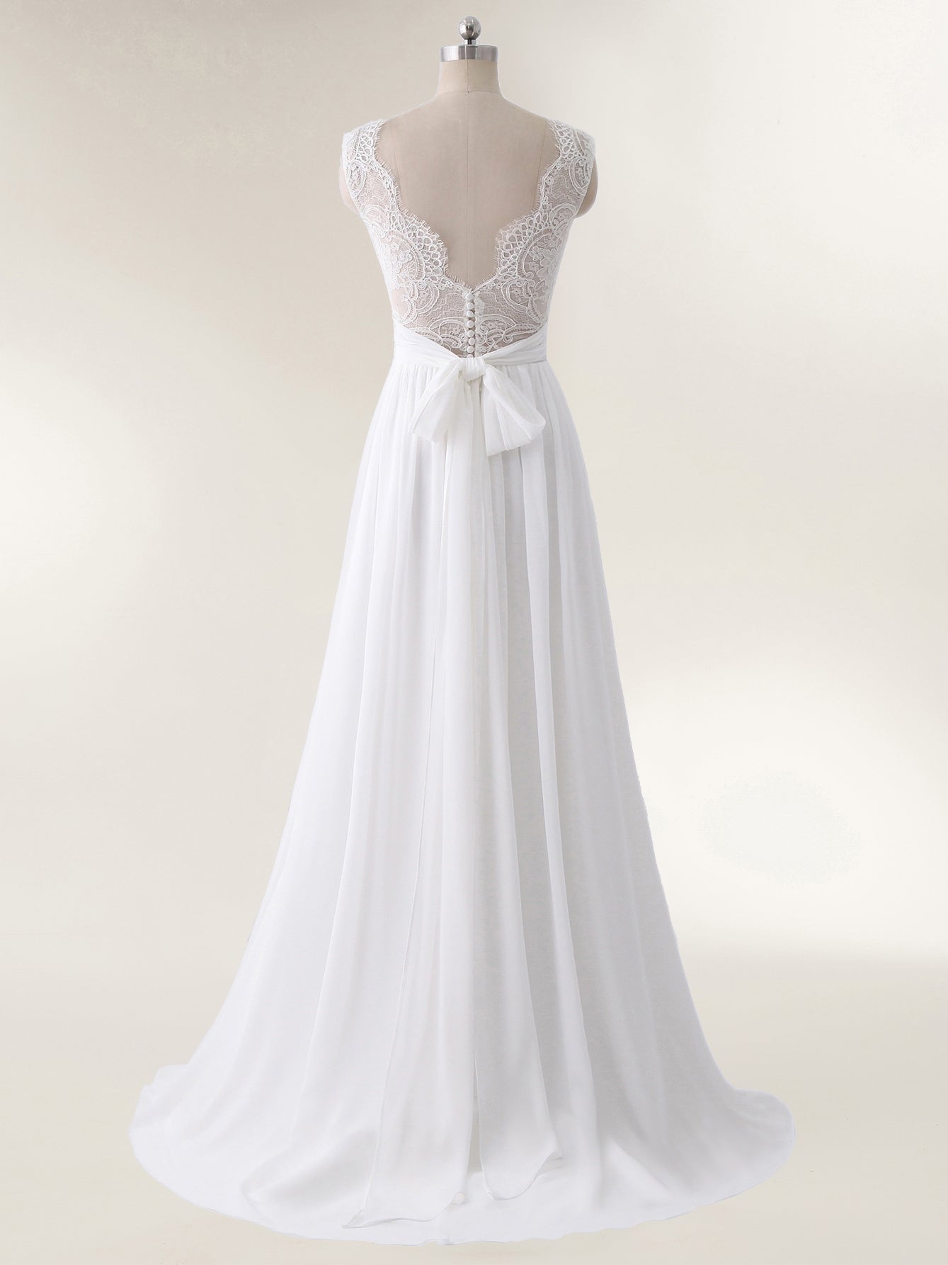 Robe de Mariée de Plage en Mousseline à Col en V avec Nœud Blanc