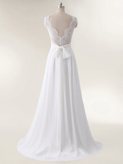 Robe de Mariée de Plage en Mousseline à Col en V avec Nœud Blanc