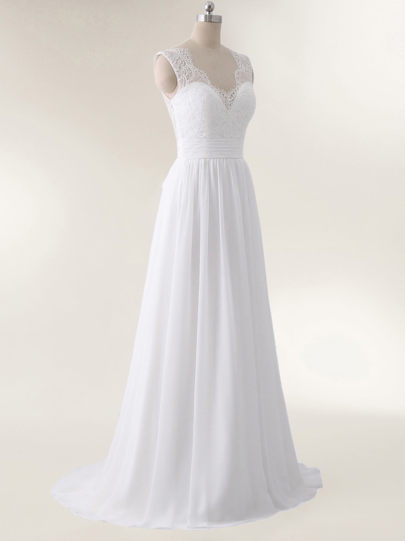 Robe de Mariée de Plage en Mousseline à Col en V avec Nœud Blanc