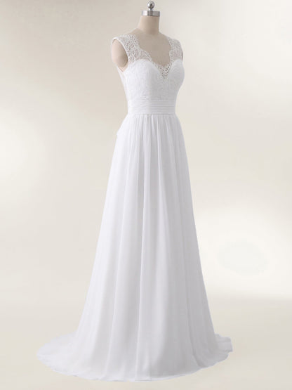 Robe de Mariée de Plage en Mousseline à Col en V avec Nœud Blanc