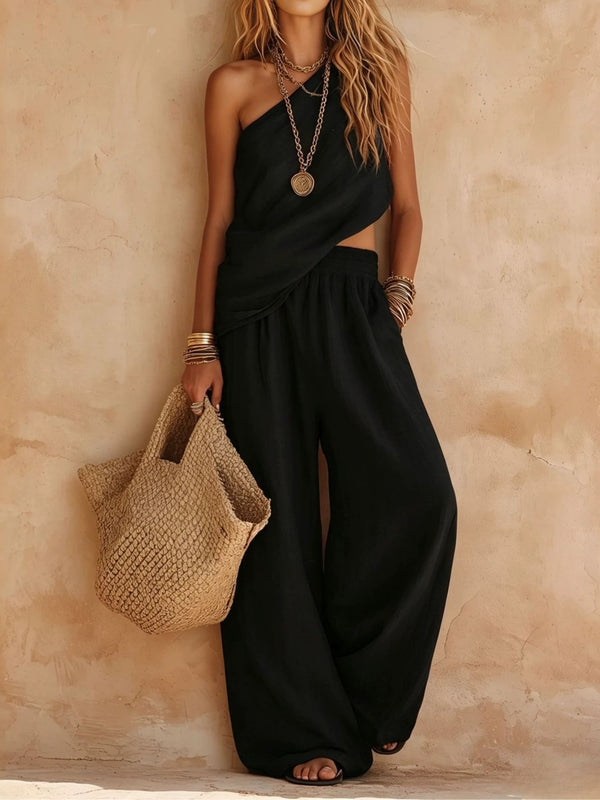 Conjunto casual rosa: top asimétrico sin mangas y pantalón