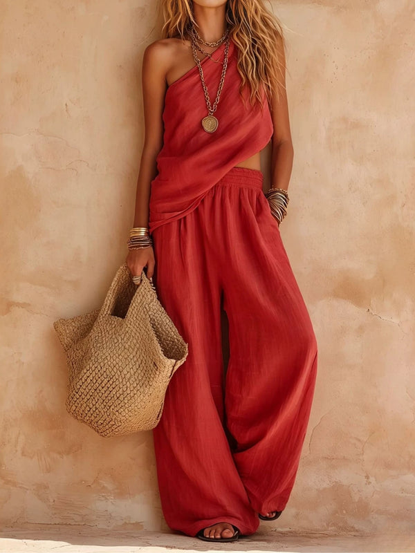 Conjunto casual rosa: top asimétrico sin mangas y pantalón